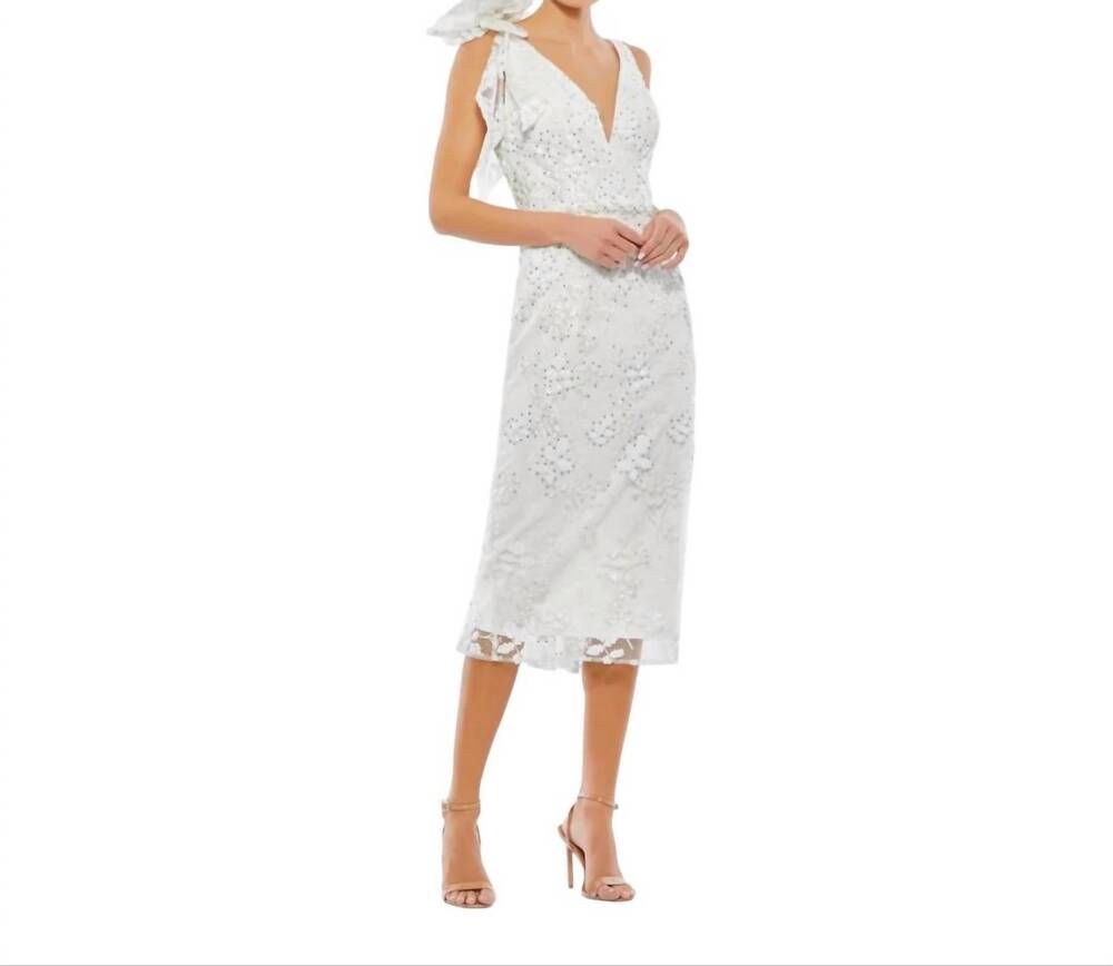 NEW MAC DUGGAL women's floral beaded sequin midi dress in ivory